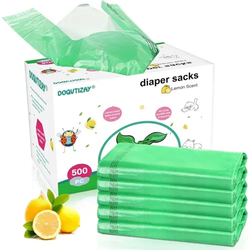 Baby Disposable Diaper Bags 500 Count Easy-To-Tie Diaper Sacks Enhanced Odor Control with Lemon Scent for Diaper Disposal or Pet Waste