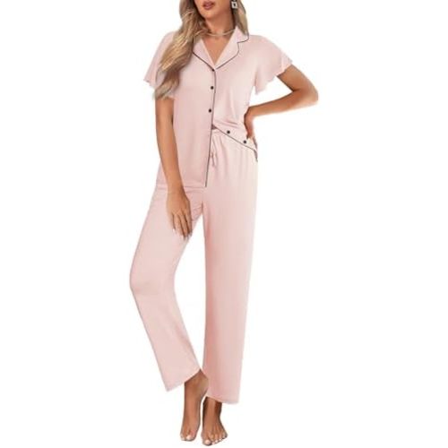 Ekouaer Pijamas para mujer, conjunto de ropa de dormir con botones, lindos pijamas de manga con volantes, cuello de muesca con pantalones largos, S-XXL