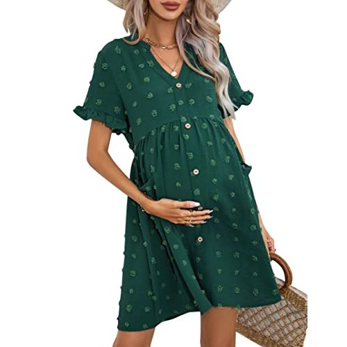 KOJOOIN Maternity Swiss Dot Dress Summer V Neck Short Sleeve Button Down Mini Dress Baby Shower Photoshoot with Pockets