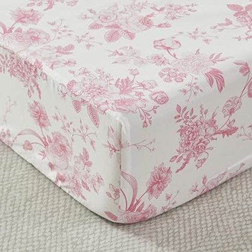 Brandream Organic Crib Fitted Sheets for Baby Girls, Grandmillennial Fitted Crib Sheet for Standard Crib and Toddler Mattress Super Soft 100% Cotton Baby Sheet French Country Pink Toile Floral Print