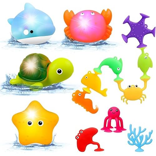 Baby Bath Toys Light Up - No Hole Bath Toys - Sensory Toys for Toddlers - Baby Suction Pool Beach Bathtub Water Toys - Gifts for Boys Girls Kids 6 12 18 Months Age 1 2 3 Year Old Birthday