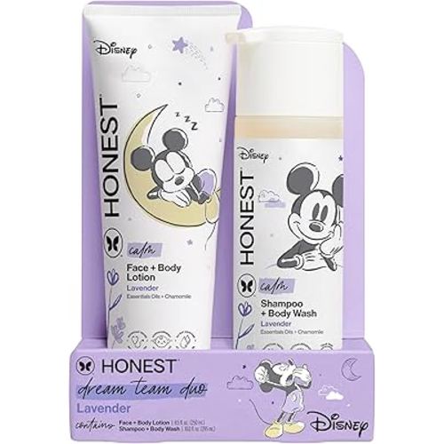 The Honest Company 2-in-1 Cleansing Shampoo and Body Wash and Face and Body Lotion Bundle and Disney Design Gentle Enough for Baby Dermatologist Tested Calm Lavender 18.5 fl oz
