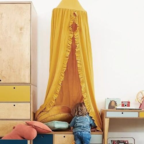 Bed Canopy with Frills Reading Nook Game Tent for Kids Boho Hanging Net Play Room Decor(Mustard)