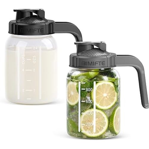 Glass Pitcher with Lid, Water Jug High Borosilicate Glass, Mason Jar Leak-proof breast milk pitcher with V-Shape Spout & Ergonomic Handle, Heat Resistant, Heavy Duty Water Pitcher for Sun Tea