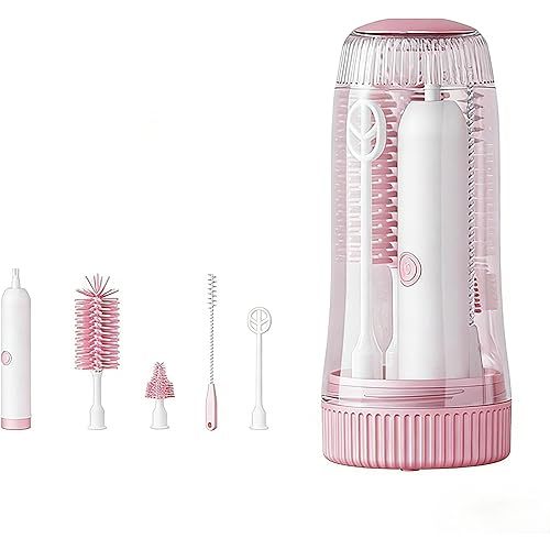 WHNL Portable Electric Silicone Bottle Brush Set, 7-in-1 UV LIGHT USB Charging, Nipple/Straw Cleaner, Milk Mixer, Built-in Drying Rack & Storage Case, BPA-Free, IPX7, On-the-Go for New Parents (Blush)