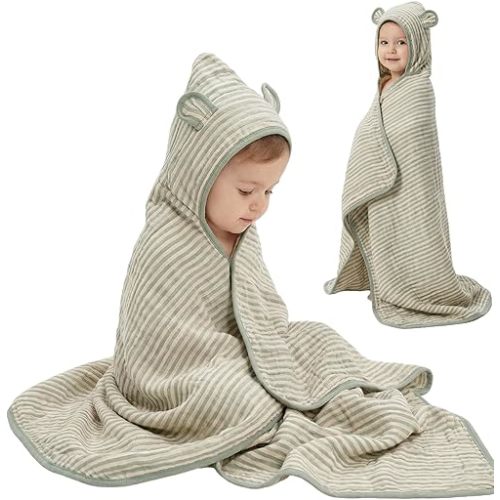 HardNok Muslin Toddler Bath Towels Organic Cotton Blend (Sage Stripe,55x28)