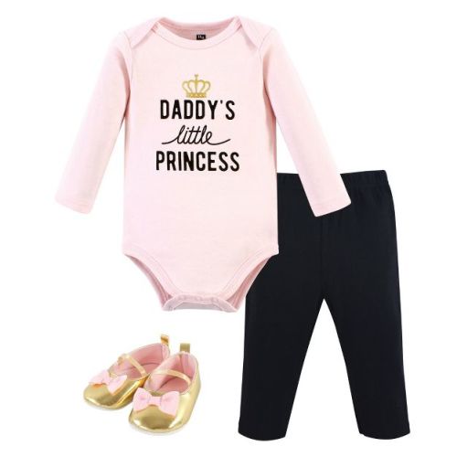 Hudson Baby Infant Girl Cotton Bodysuit, Pant and Shoe Set, Daddys Little Princess Pink, 12-18 Months