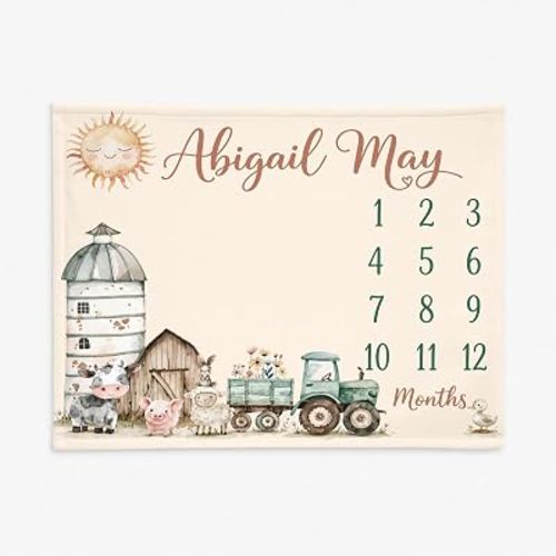 L&NG Personalized Farm Milestone Baby Blanket, Custom Name Monthly Growth Blanket, Farm Animals Tractor Design Blankets, 1 to 12 Months Photo Backdrop, Newborn Nursery Decor