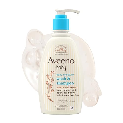 Aveeno Baby Daily Moisture Wash & Shampoo, Tear-Free, 12 fl. oz | 2-in-1 Baby Wash and Hair Shampoo with Oat Extract, For Sensitive Skin and Hair, No Added Parabens
