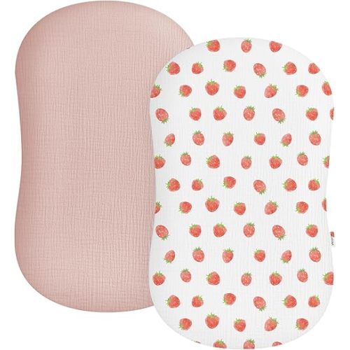 Muslin Baby Lounger Cover 2 Pack, Soft Breathable Newborn Lounger Pillow Cover for Boys Girls Infant (Strawberry & Pale Pink)