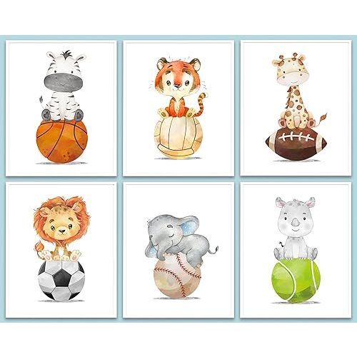 6 PCS Wall Art Baseball Football Soccer Sports Nursery Decor Boys Room Wall Decor, Unframed, Cute Animals Elephant Giraffe Tiger Lion Prints Painting Artwork for Bedroom Home Living Room, 8x10 inch