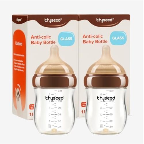 Thyseed Anti-Colic Glass Baby Bottle for Breastfed Infants, Natural Feeding, Breast-Like Newborn Medium Flow Nipple (2m+), 5 oz, 2 Pack