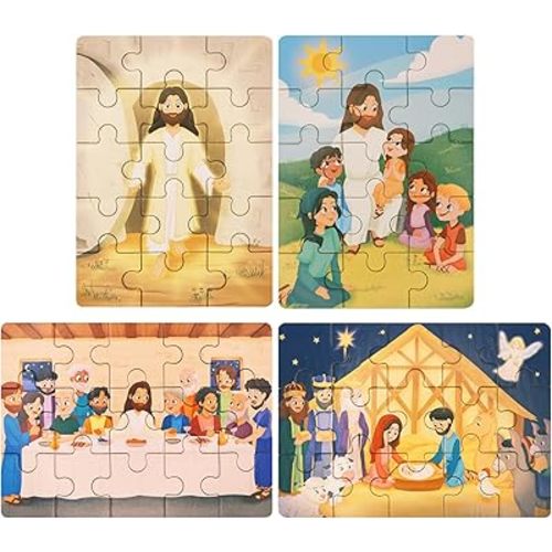 Bible Puzzles for Kids | 4-in-1 Wooden Jigsaw Puzzles in Box (15 pcs Each) | Christian Bible Gifts for Kids | Easter Gifts for Kids | Nativity | The Last Supper (New Testament)