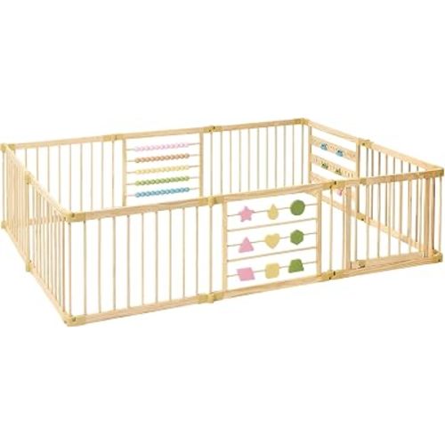 ZETY Natural Wood Baby Playpen, 10 Panel Foldable Play Yard, Door & Toys
