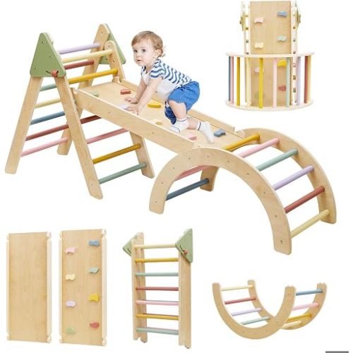 Foldable Pikler Triangle Climbing Set Wooden 7 in 1 Montessori Climber Toys for Toddlers 1-3 Baby Jungle Gym Indoor Slide Playground with Ramp/ Arch/ Ladder Large Kids Activity Center Boy & Girl Gift