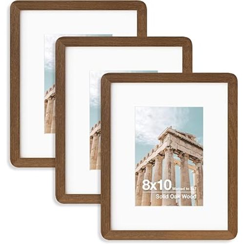 FLYJOE 8X10 Solid Oak Wood Photo Frame | 8X10 Picture Frame With Mat For 5X7 | Plexiglas And Hanging Hardware Included | Walnut, 3 Packs