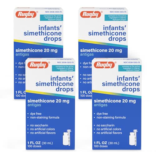 Rugby Dye-Free Infants' Gas Drops - Simethicone 20 mg Liquid Drops for Newborns, Babies, Toddlers, and Kids - Fast Relief from Gas Discomfort - No Artificial Colors or Flavors - 1 Fl. Oz. (4 Pack)