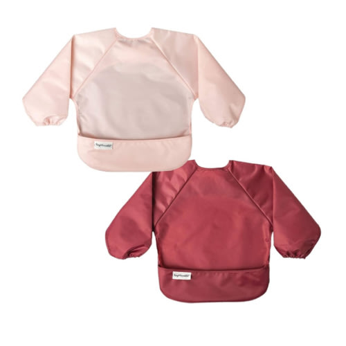 Tiny Twinkle Mess Proof Baby Bibs, 2pk Waterproof Smock Baby Bibs for Eating, Machine Washable Long Sleeve Bibs, Baby Led Weaning, Toddler Bibs, BLW Supplies (Rose Burgundy, Small 6-24 Months)