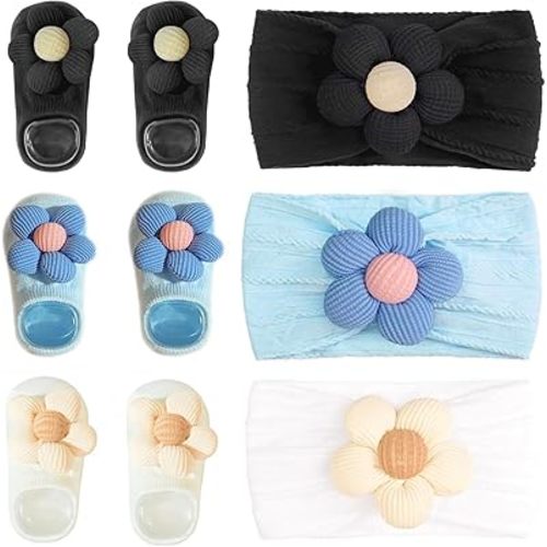 CÉLLOT Baby Girl Headband and Socks, Non-Slip Floral Socks and Soft Floral Nylon Hairbands for Babies Infants and Toddlers(White,Blue,Black)