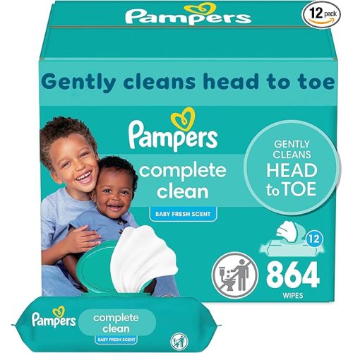Pampers Baby Wipes, Complete Clean Baby Fresh Scented Wipe, Gently Cleans Head to Toe, 864 Total (12 Flip-Top Packs)