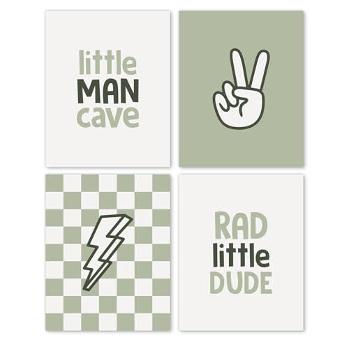 Hxlac Preppy Boho Nursery Boy Wall Art Prints Set of 4 UNFRAMED - Boys Room Playroom Wall Decor, Sage Green Boho Nursery Wall Decor for Toddler Baby Boy Room Decor (8x10 Inches)