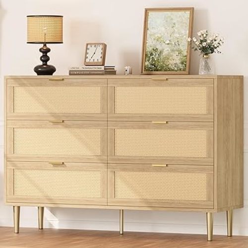 IDEALHOUSE Rattan 6 Drawer Dresser for Bedroom, Modern Chest of Drawers with Gold Legs and Gold Handles, Wide Double Dresser with Large Tabletop and Anti-Tipping Design for Bedroom Living Room, Oak