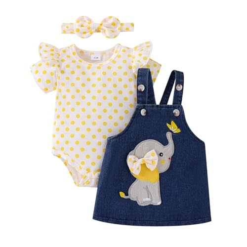 ODIMAME Baby Girl Clothes Suspender Skirt Newborn Ruffled Romper + Elephant Jeans Dress + Headband Summer Outfits 0-18 Months