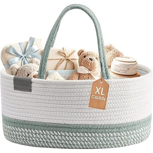 DECOMOMO Baby Caddy Organizer, Diaper Caddy Basket, Baskets for Baby Shower Gifts (Sage Green & White, Extra Large)