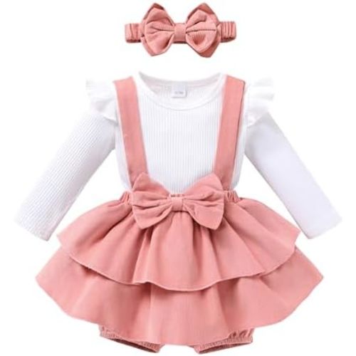 YOUNGER TREE Baby Girl Clothes Winter Outfit Long Sleeve Romper Newborn Fall Corduroy Suspender Skirt Set with Headband