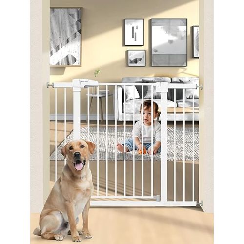 36.2" Extra Tall Baby Gate for Stairs, 29.5-46" Wide Dog Gate for Doorways, Walk Thru Auto Close Metal Child Gate for The House, Stairs and Doorways, Pet Gate Pressure Mounted Dog Gate Indoor (White)