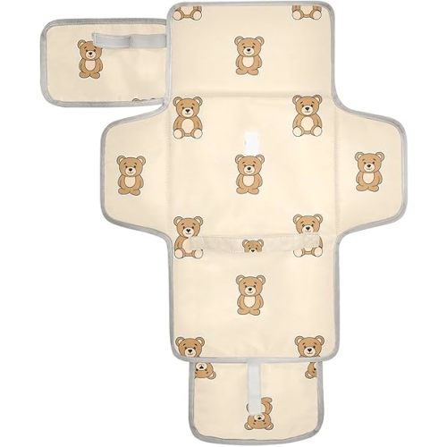 VEKELEE Cute Bears Portable Diaper Changing Pad for Baby, Waterproof & Foldable Changing Mat, Soft & Comfortable with Wipes Pocket, Baby Essentials