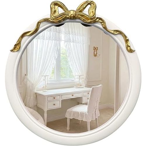 28x28 inch Gold and White Bow Mirrors for Wall, Round/Circle God Decorative Wall Mounted Mirror, Irregular Mirrors Suitable for Bedroom, Hallway, Living Room Decoration, Nursery, Girls Room