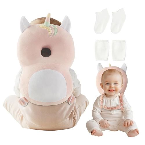 Baby Head Protector Backpack with Socks and Knee Pads - Adjustable Safety Pillow for Crawling Toddlers 5-12 Months, Soft Cushioned Support, Infant Travel Essentials Gift for Boys Girls (Unicorn)