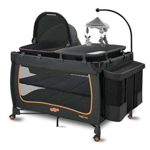 Pamo Babe 6-in-1 Baby Pack and Play with Bassinet – Black