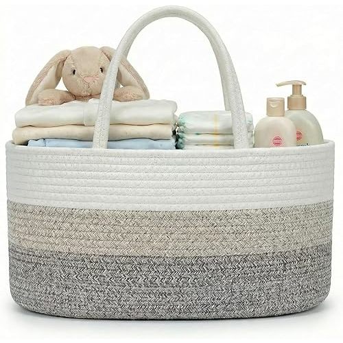 luxury little Diaper Caddy Organizer, Large Cotton Rope Nursery Baby Basket, Changing Table Organizer for Baby Diaper Storage, Portable Car Organizer Removable Divider (Gradient Brown, Large)