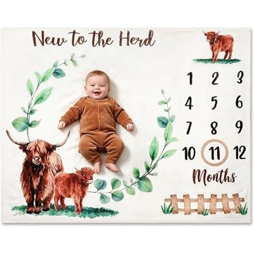 Baby Monthly Milestone Blanket Highland Cows Photo Prop Month Blanket Gift