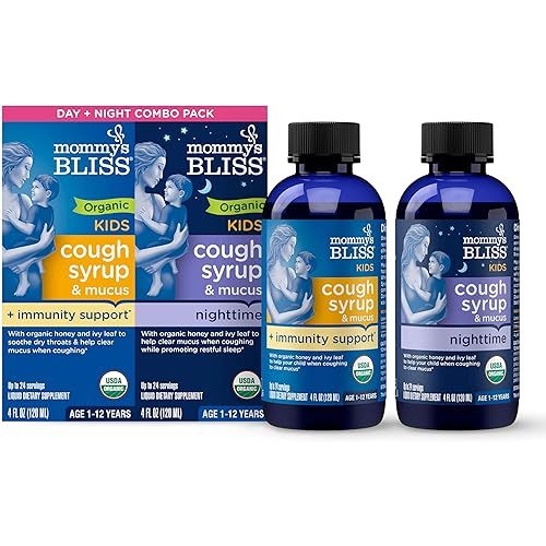 Mommy's Bliss Organic Cough Syrup & Mucus for Kids, Day and Night Combo Pack with Elderberry, Vitamin C and Immunity Support, Contains Organic Honey & Ivy Leaf, 4 Fl Oz (Pack of 2)