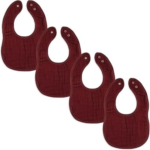 Comfy Cubs Muslin Bibs for Babies, Pack of 4 - Soft and Highly Absorbent, Feeding, Drool and Teething Bib, Adjustable Snaps - Stylish & Colorful Unisex Designs, Giftable Set - Wine