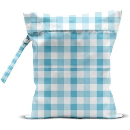 Wet Bag, Wet Dry Bag, Waterproof Swim Bags, Machine Washable Reusable Bags for Beach, Pool, Diapers, and Dirty Yoga Gym Clothes(Blue White Gingham)