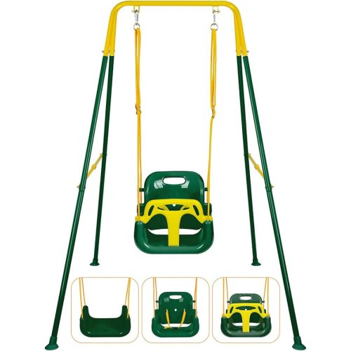 3-in-1 Toddler Swing Set, Foldable Baby Swing with Stand, Indoor & Outdoor Kids Swings Sets, Multifunctional Swings for Home Backyard, Easy to Install and Store (Dark Green)