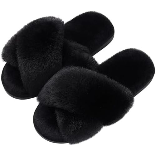 Evshine Women's Fuzzy Slippers Cross Band Memory Foam House Slippers Open Toe