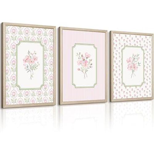 Pink Floral Wall Art Nursery Flower Canvas Wall Decor Baby Girl Wildflower Pictures Aesthetic Striped Botanical Poster Prints Pink Green Floral Painting Artwork for Girl Room 12x16 Inch Framed 3Pcs