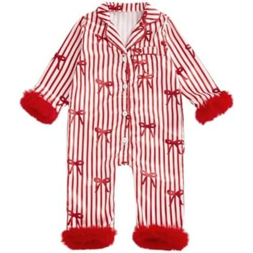 Baby Girl Christmas Pajamas Santa Jumpsuit Furry Trim Romper