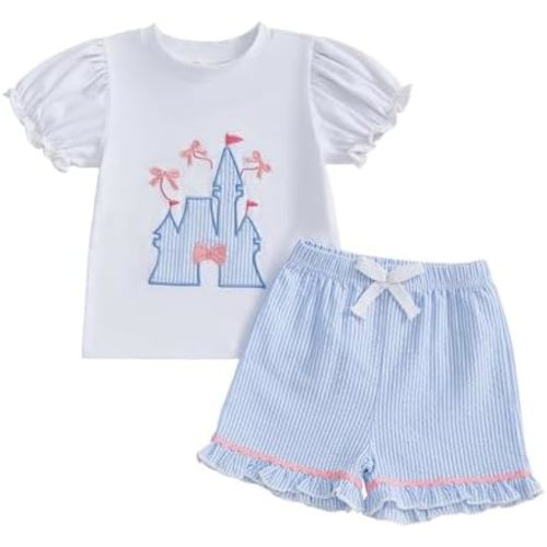 Eadrioss Toddler Girl Summer Clothes Bow Castle Embroidery Puff Short Sleeve T-Shirt Ruffle Shorts Baby Princess Outfit