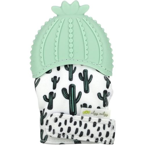 Itzy Ritzy Silicone Teething Mitt - Soothing Infant Teething Mitten with Adjustable Strap, Crinkle Sound & Textured Silicone to Soothe Sore & Swollen Gums - For Ages 3 Months & Up (Cactus)