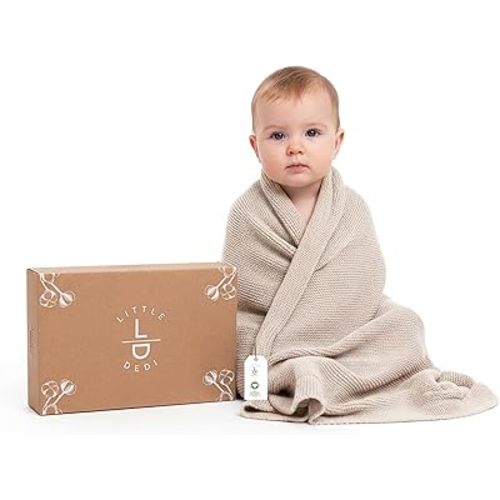 100% Organic Cotton Baby Knitted Blanket with Gift Box - Soft Toddler, Crib, Stroller Blanket - Neutral Swaddle and Receiving Blanket for Newborns, 30"x40", Stone