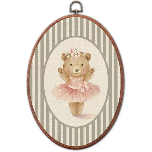 Vintage Bear Dancing Nursery Oval Wall Art Framed, Sports Framed Canvas | grey striped unique retro girl gift hanging wall decor for kids toddler room bedroom playroom, 8.6x11.4 inch