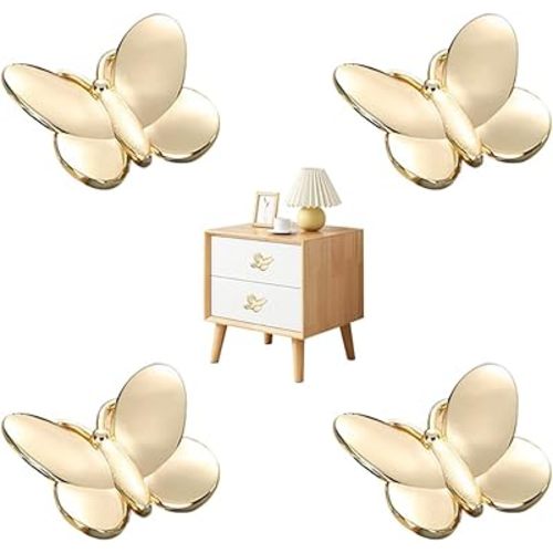 Butterfly Drawer Knobs Luxury Pulls for Closet Cupboard Wardrobe Furniture Doors Home Bedroom Kitchen Hardware 4 pieces (Gold)