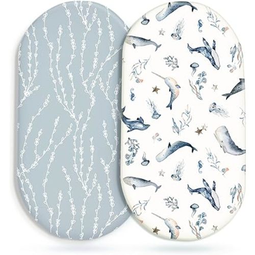 GRSSDER Stretchy Ultra Soft Fitted Bassinet Sheet Set 2 Pack, Universal Fit for Bassinets Baby Cradle Moses Basket Oval Rectangle Mattress Safe and Snug, Sea Fish Print