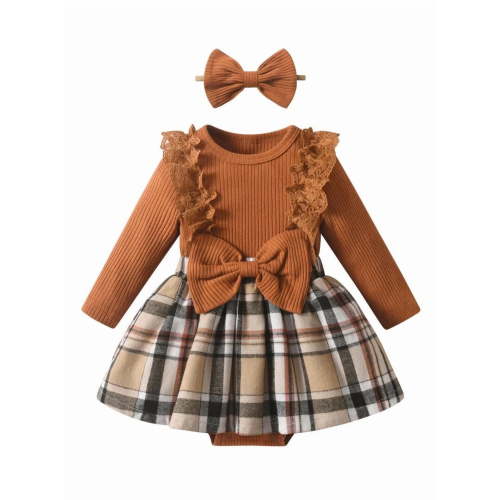 Infant Baby Girl Clothes Ribbed Long Sleeve Faux-Two Floral Print Romper Jumpsuit Dress with Headband Brown 3-6 Months